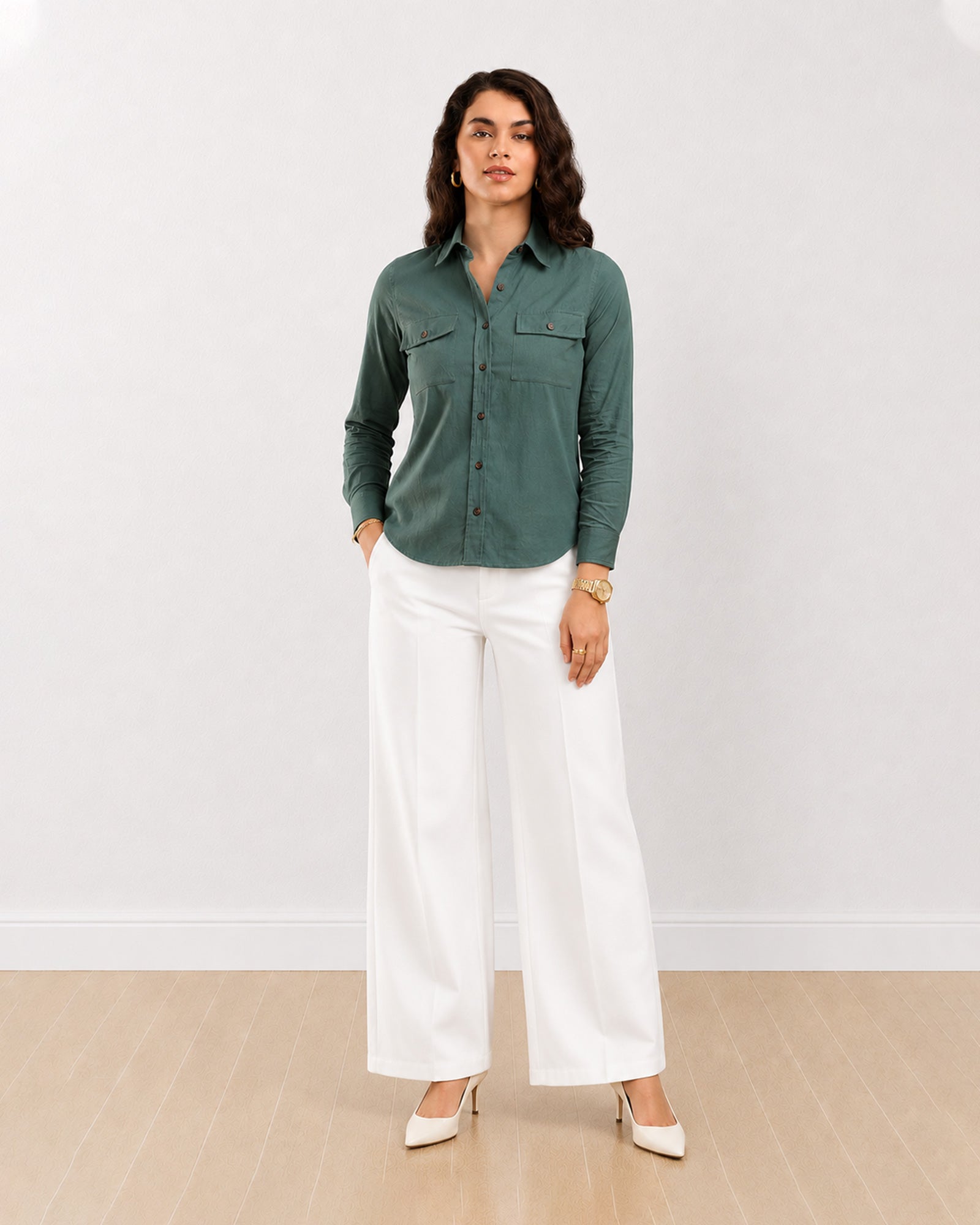 Gazillion Analia bottle green 100% cotton corduroy utility shirt for women, front view