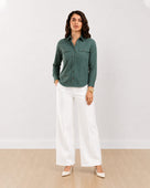 Gazillion Analia bottle green 100% cotton corduroy utility shirt for women, front view