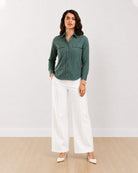 Gazillion Analia bottle green 100% cotton corduroy utility shirt for women, front view