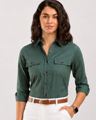 Analia bottle green corduroy shirt placket, utility pocket and hidden dignity buttons