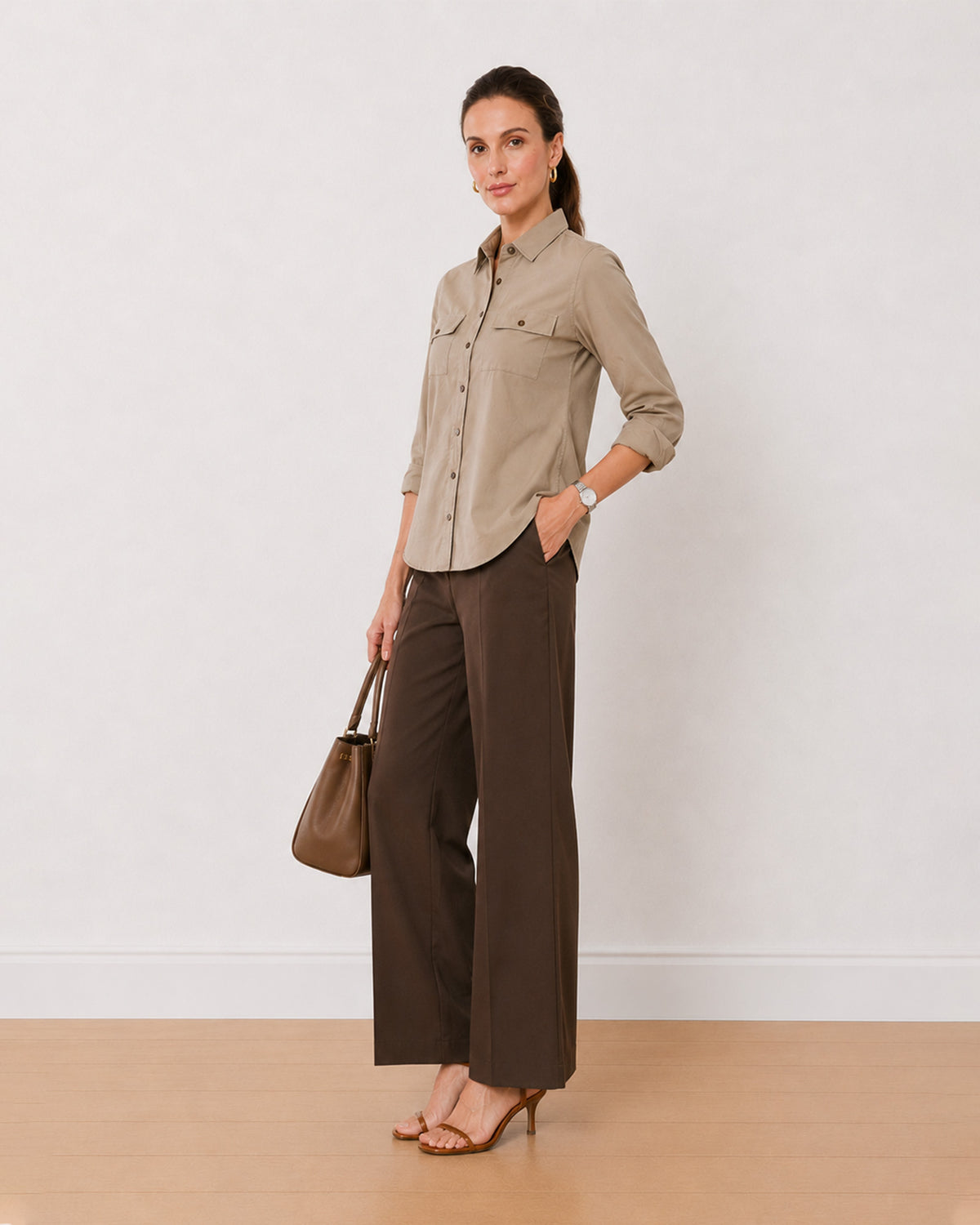 Analia fawn beige 100% cotton mini cord corduroy shirt, angled front view