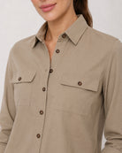Analia fawn beige corduroy shirt placket, utility pocket and hidden dignity buttons