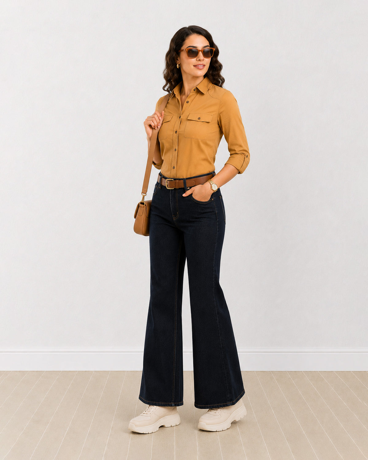 Analia mustard yellow 100% cotton corduroy shirt, angled front view with pockets