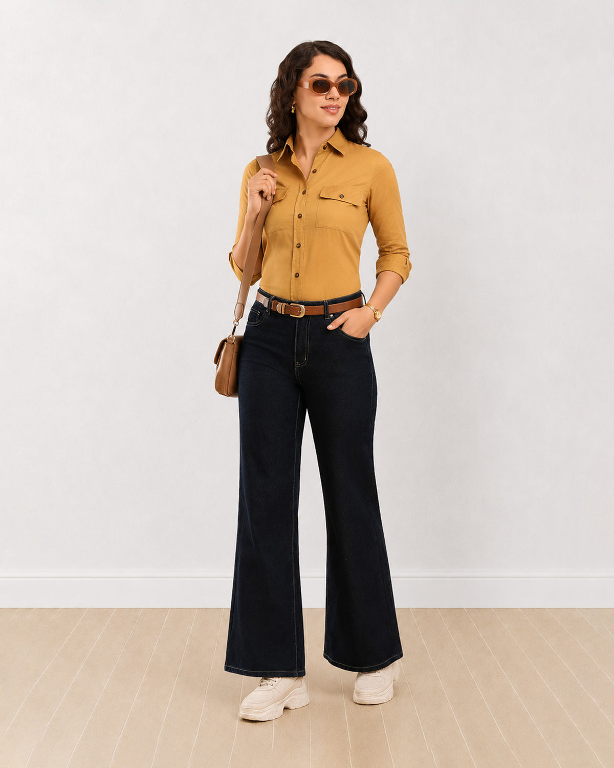 Analia mustard yellow corduroy utility shirt, angled view with the rolled sleeves