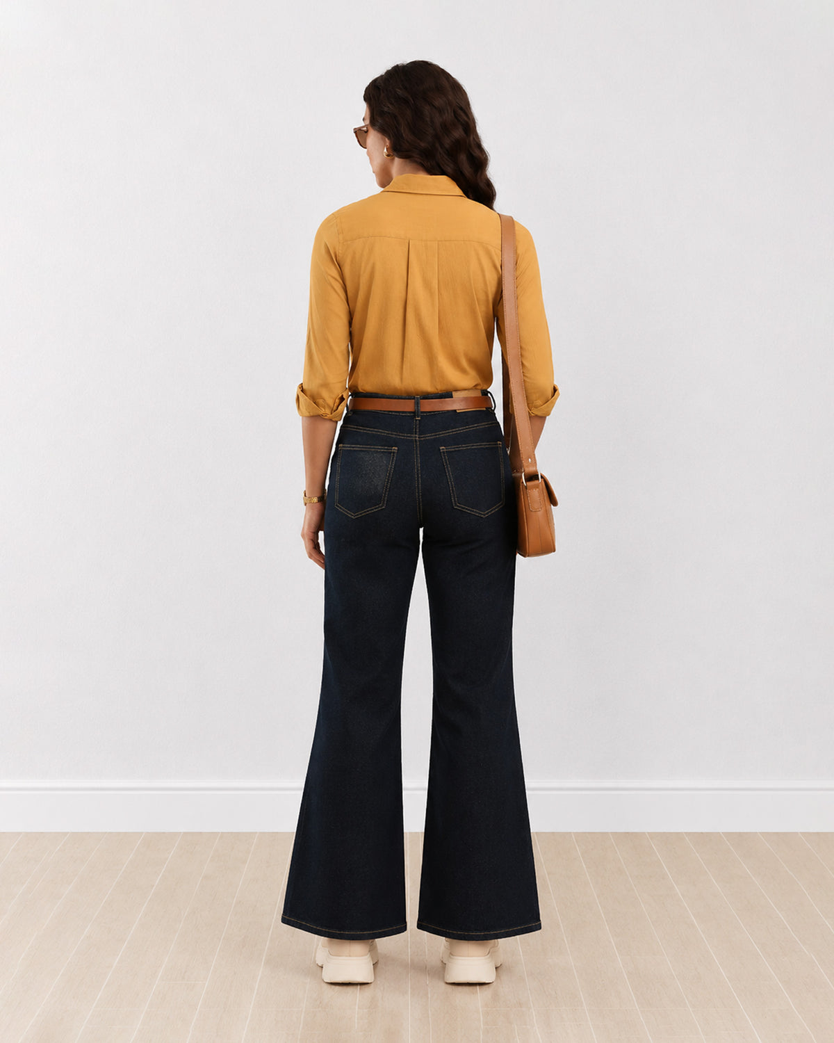 Analia mustard yellow 100% cotton corduroy shirt back view with the long length