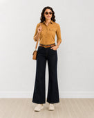 Gazillion Analia mustard yellow 100% cotton corduroy utility shirt for women, front view