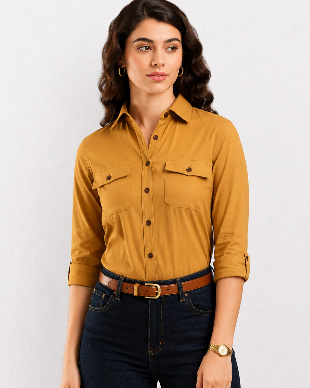 Analia mustard yellow corduroy shirt waist up front with the 2 flap utility pockets