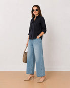 Analia navy blue 100% cotton mini cord corduroy shirt, angled front view