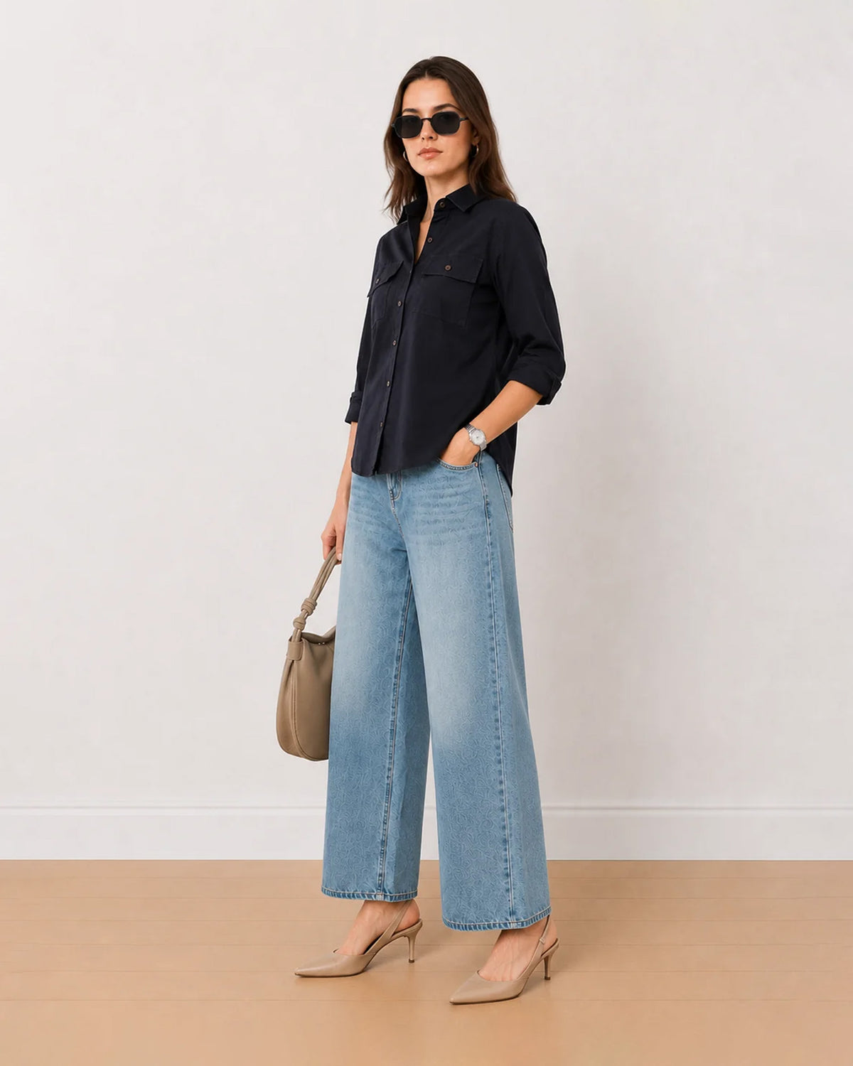 Analia navy blue 100% cotton mini cord corduroy shirt, angled front view