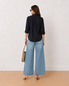 Analia navy blue 100% cotton corduroy shirt back view with the long length