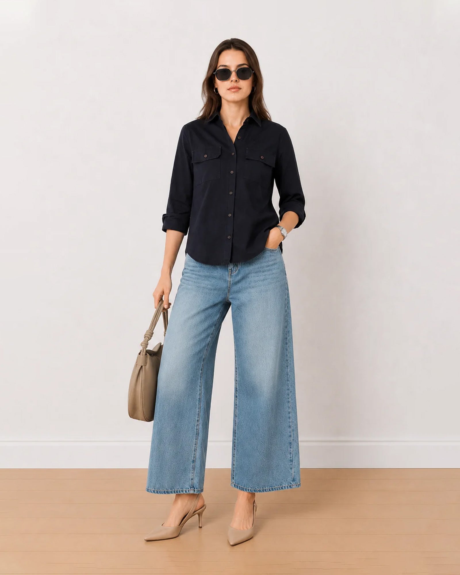 Gazillion Analia navy blue 100% cotton corduroy utility shirt for women, front view