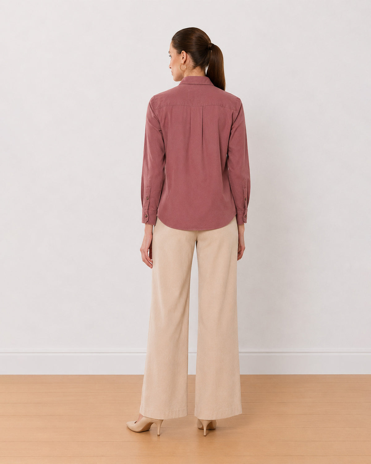 Analia onion pink 100% cotton corduroy shirt back view with full sleeves