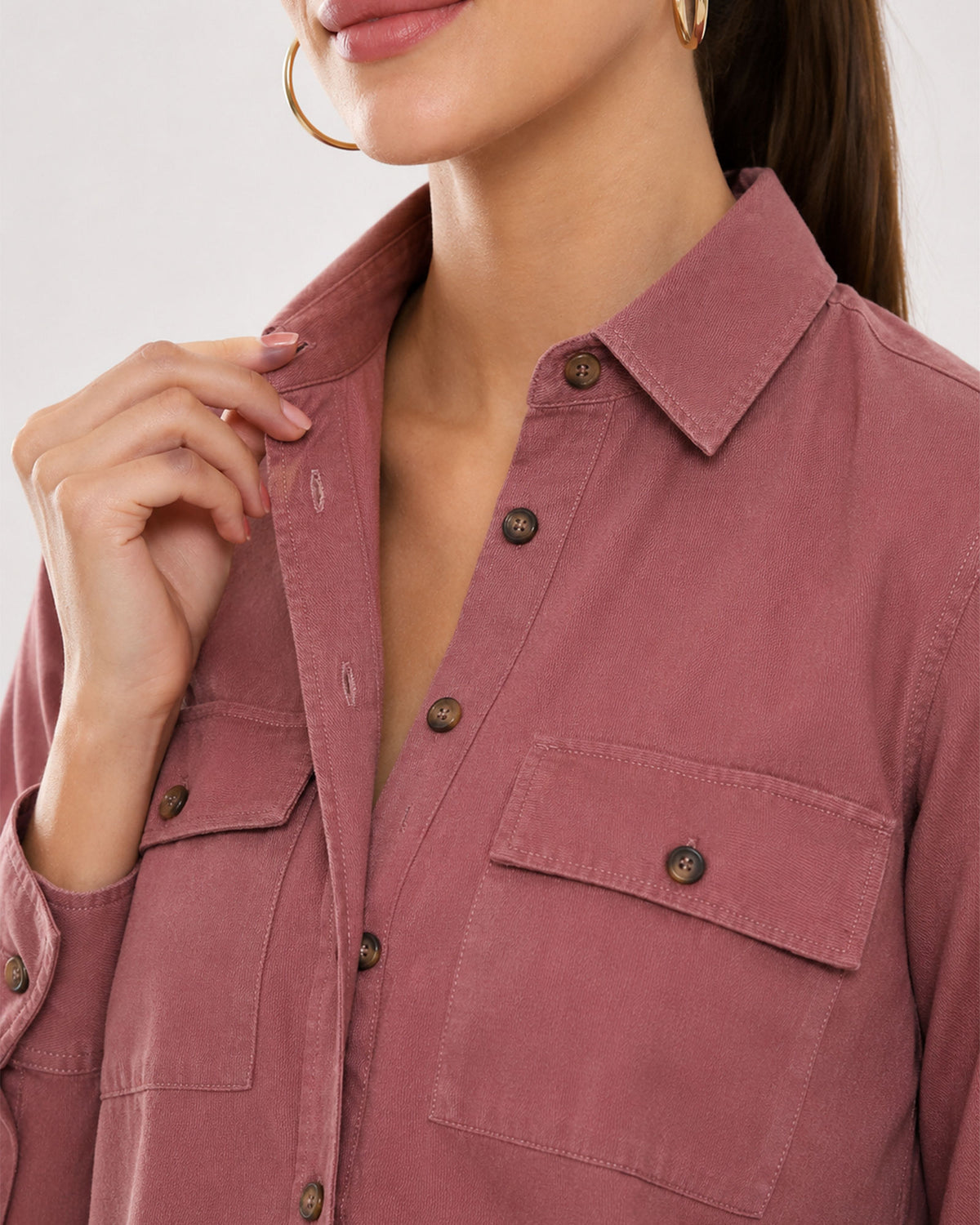 Analia onion pink corduroy shirt placket, pocket and the hidden dignity buttons
