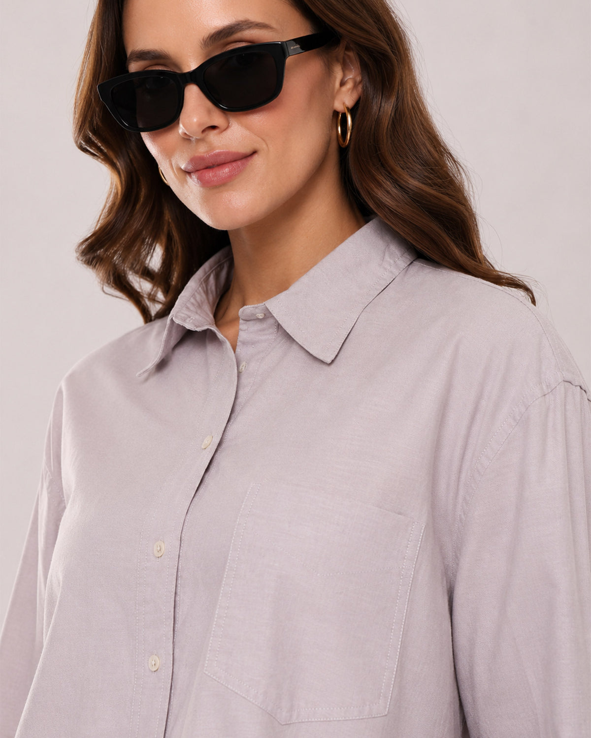 Andria stone grey cotton shirt collar, patch pocket and hidden dignity buttons