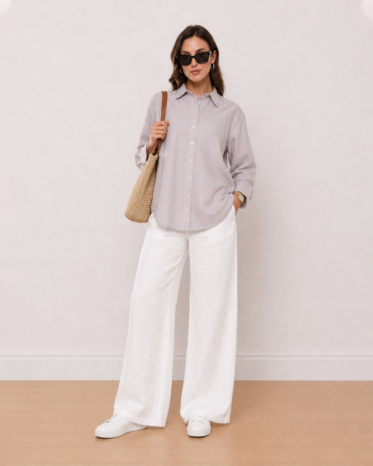 Gazillion Andria stone grey 100% cotton oversized shirt for women, full length front