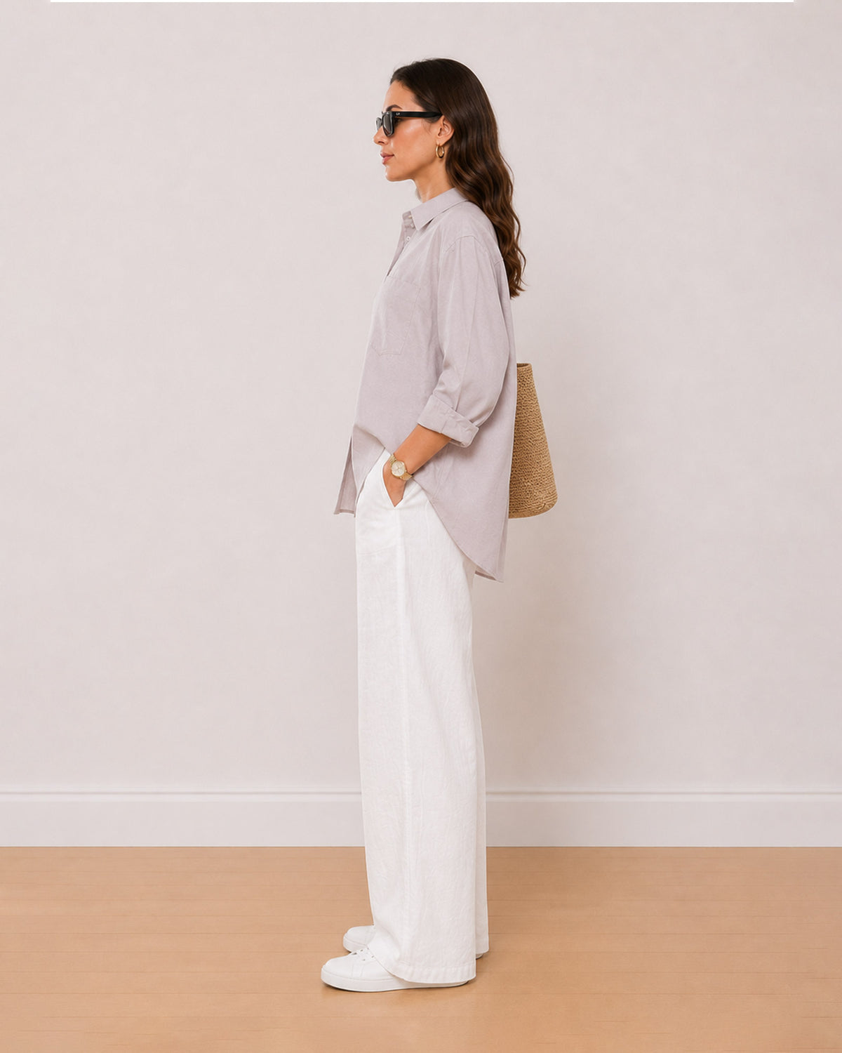 Andria stone grey cotton oversized shirt side profile with the side slit