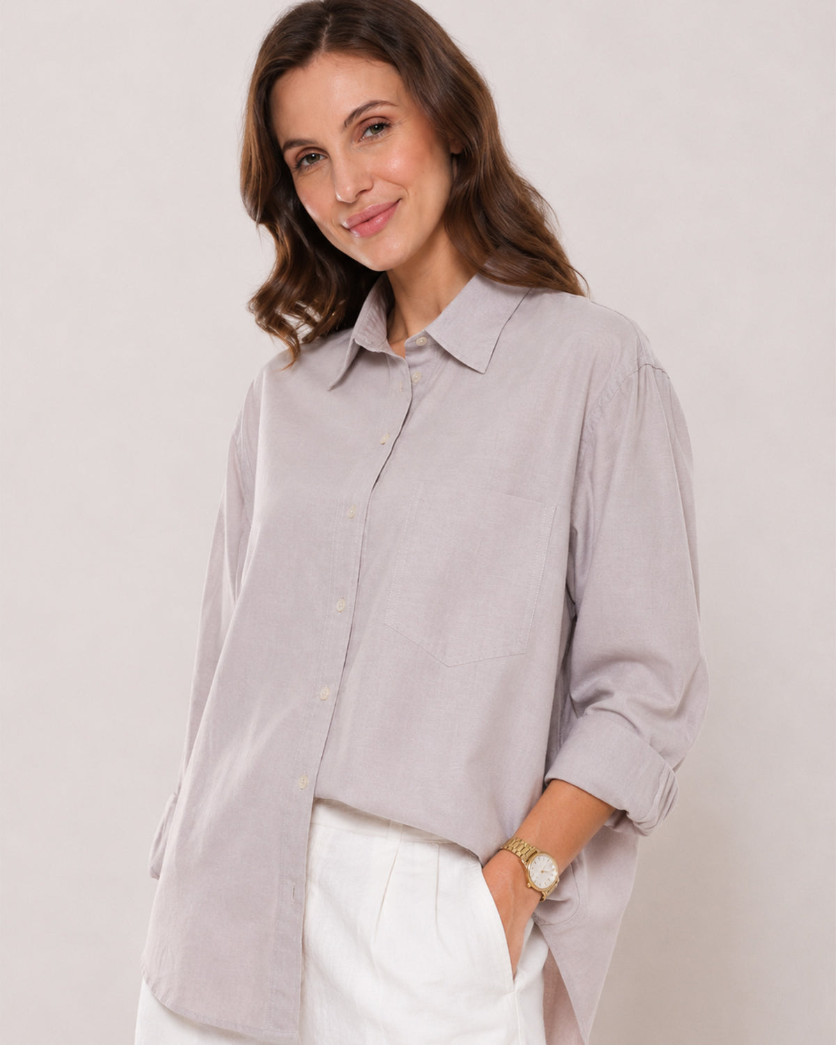 Andria stone grey Oxford cotton shirt waist up front with the oversized fit