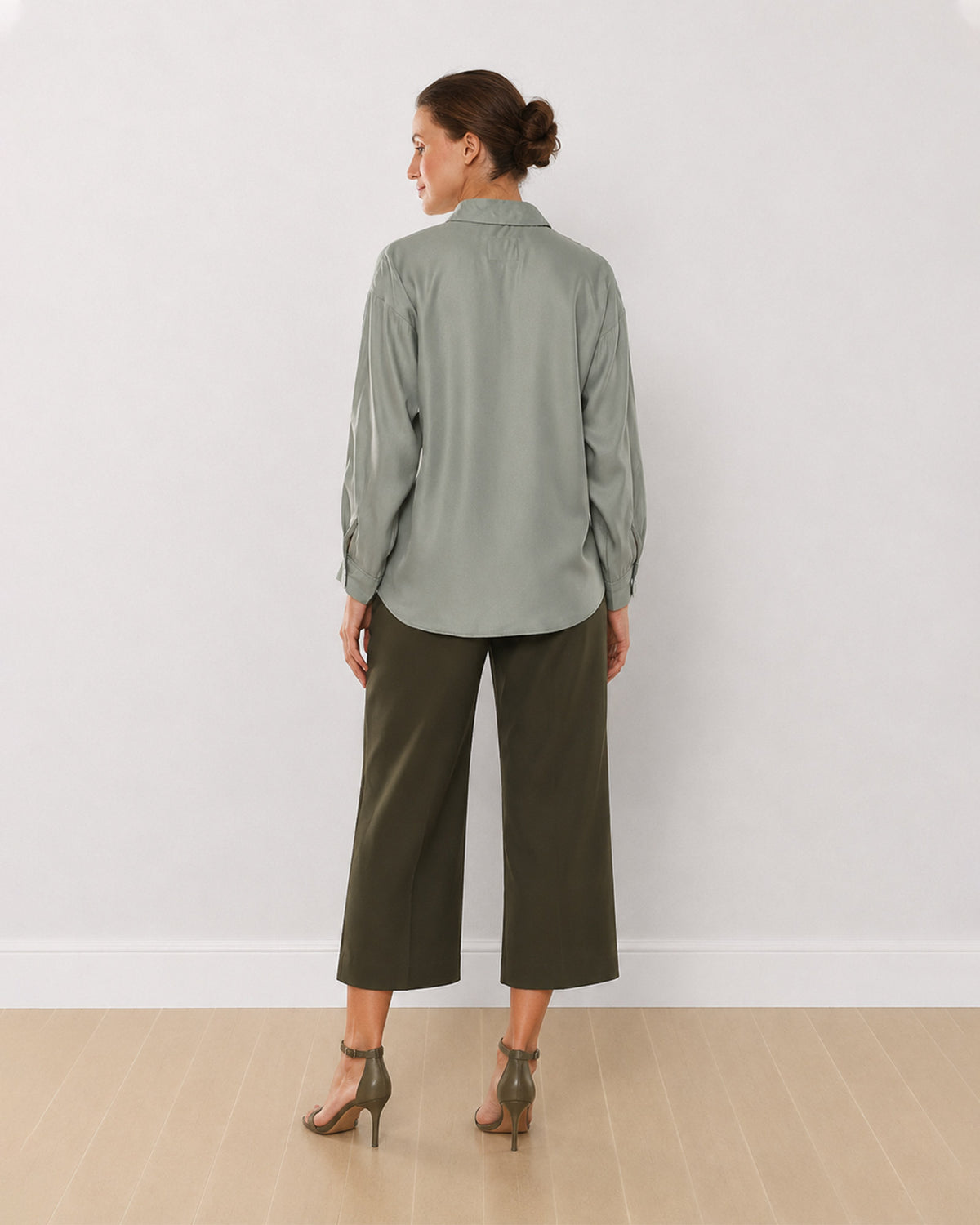 Angel sage green 100% viscose formal shirt back view with the drop shoulder