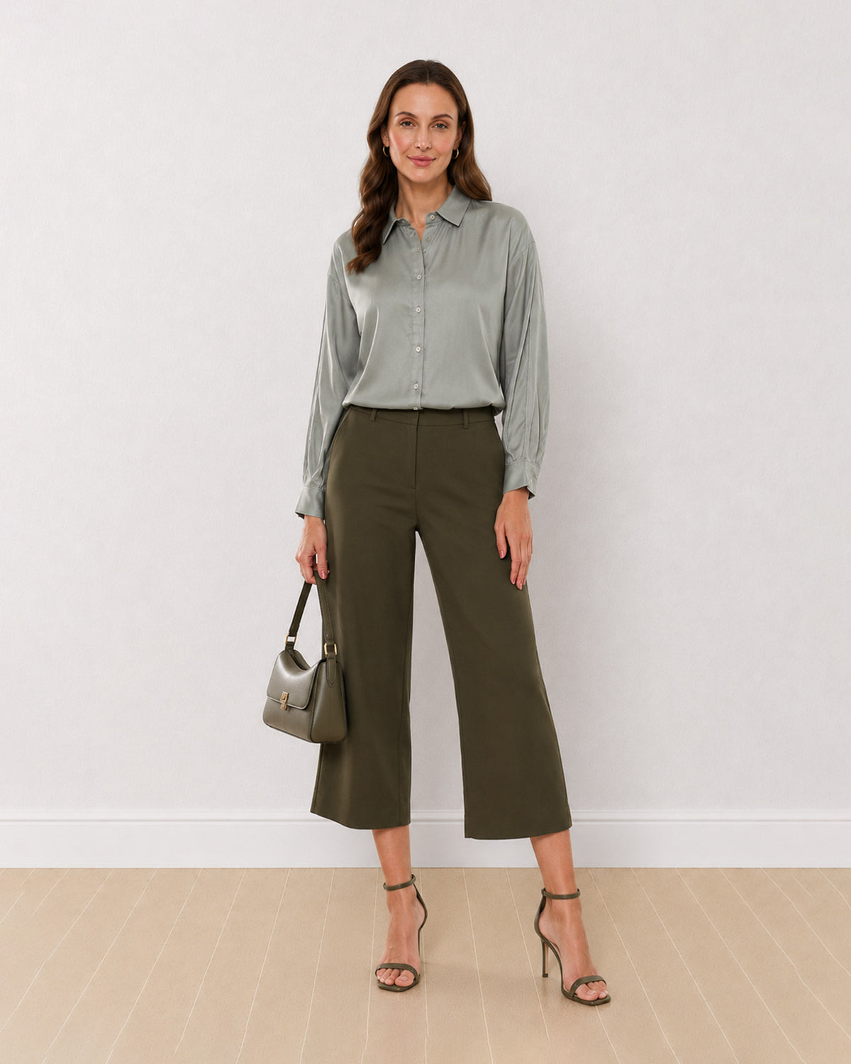 Angel sage green viscose shirt front view with full sleeves and a soft shine