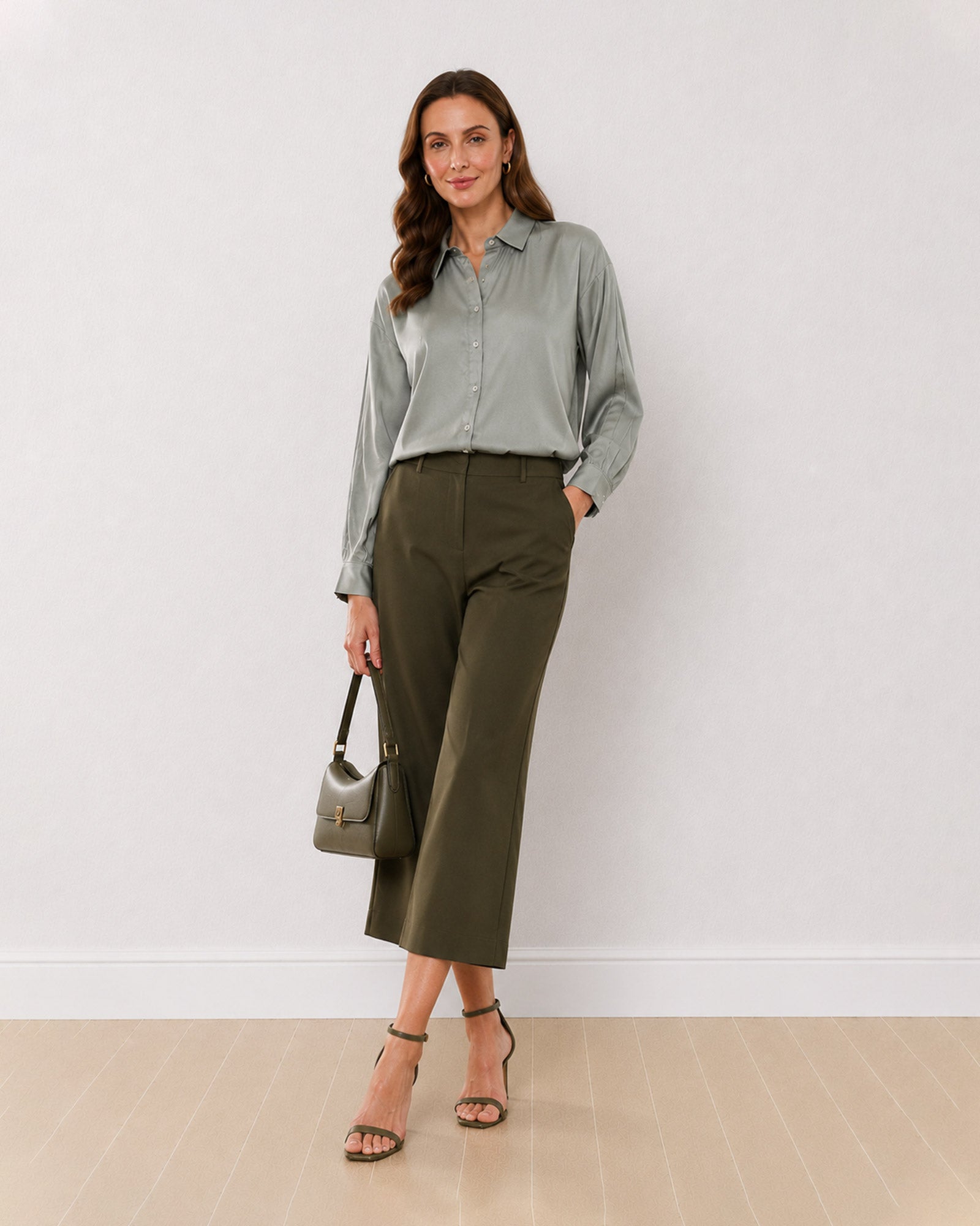 Gazillion Angel sage green 100% viscose formal shirt for women, full length front view