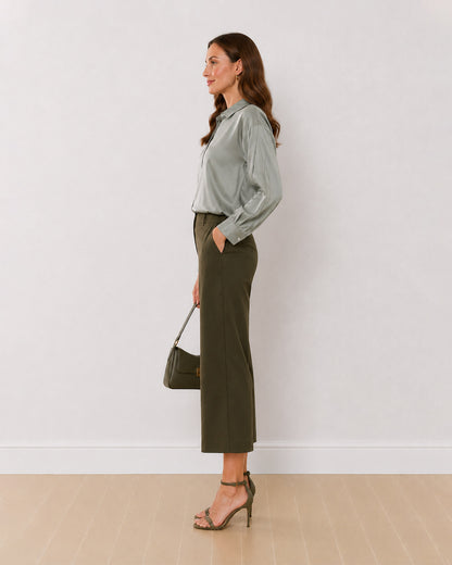 Angel sage green viscose formal shirt side profile with the curved hem