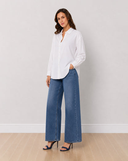 Angel white soft viscose twill shirt, angled view with full sleeves