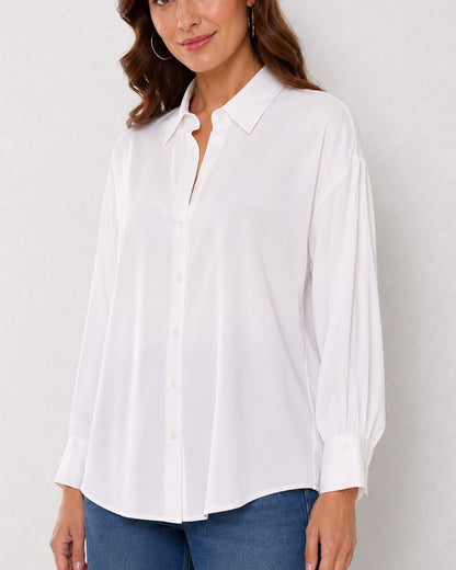 Angel white viscose shirt waist up front with the drop shoulder and curved hem
