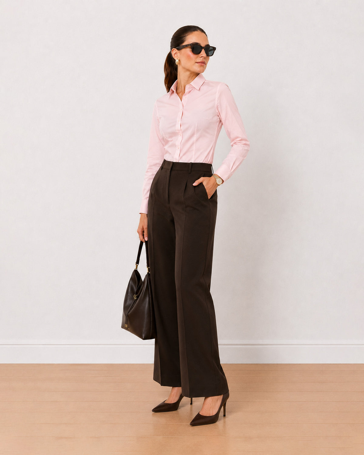 Anna baby pink stretch cotton poplin formal shirt, angled front view with darts