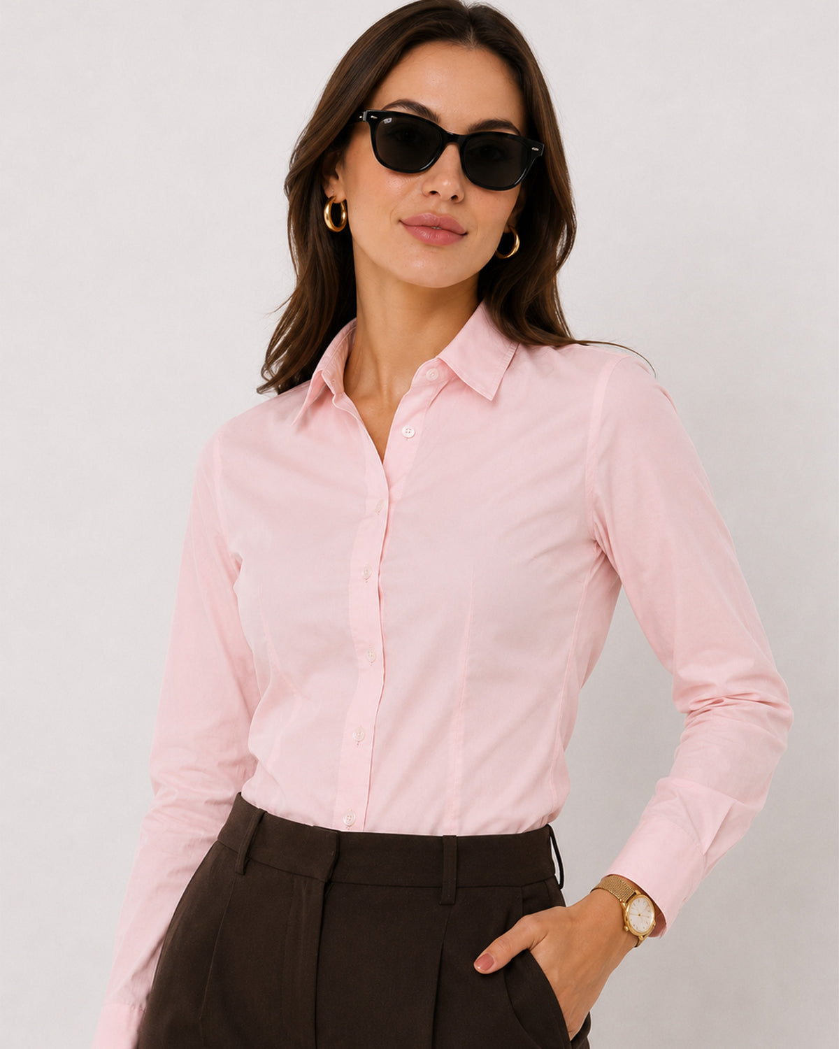 Anna baby pink cotton poplin shirt waist up front with the snug tailored fit