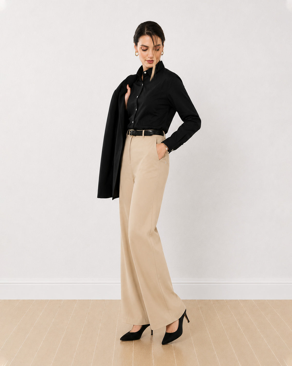 Anna black stretch cotton poplin formal shirt, angled front view with the snug fit