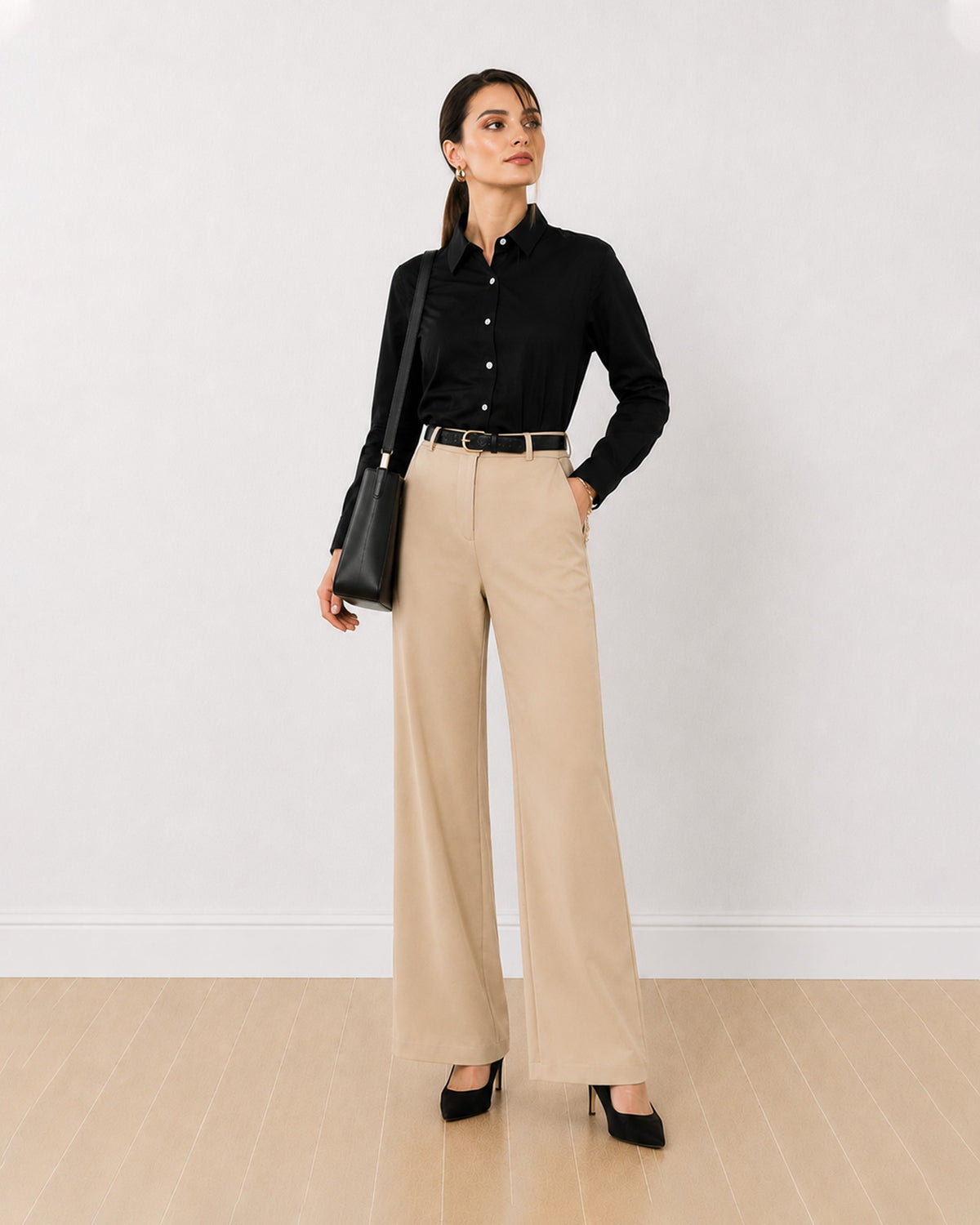 Anna black cotton poplin formal shirt, angled view with the contrast white buttons
