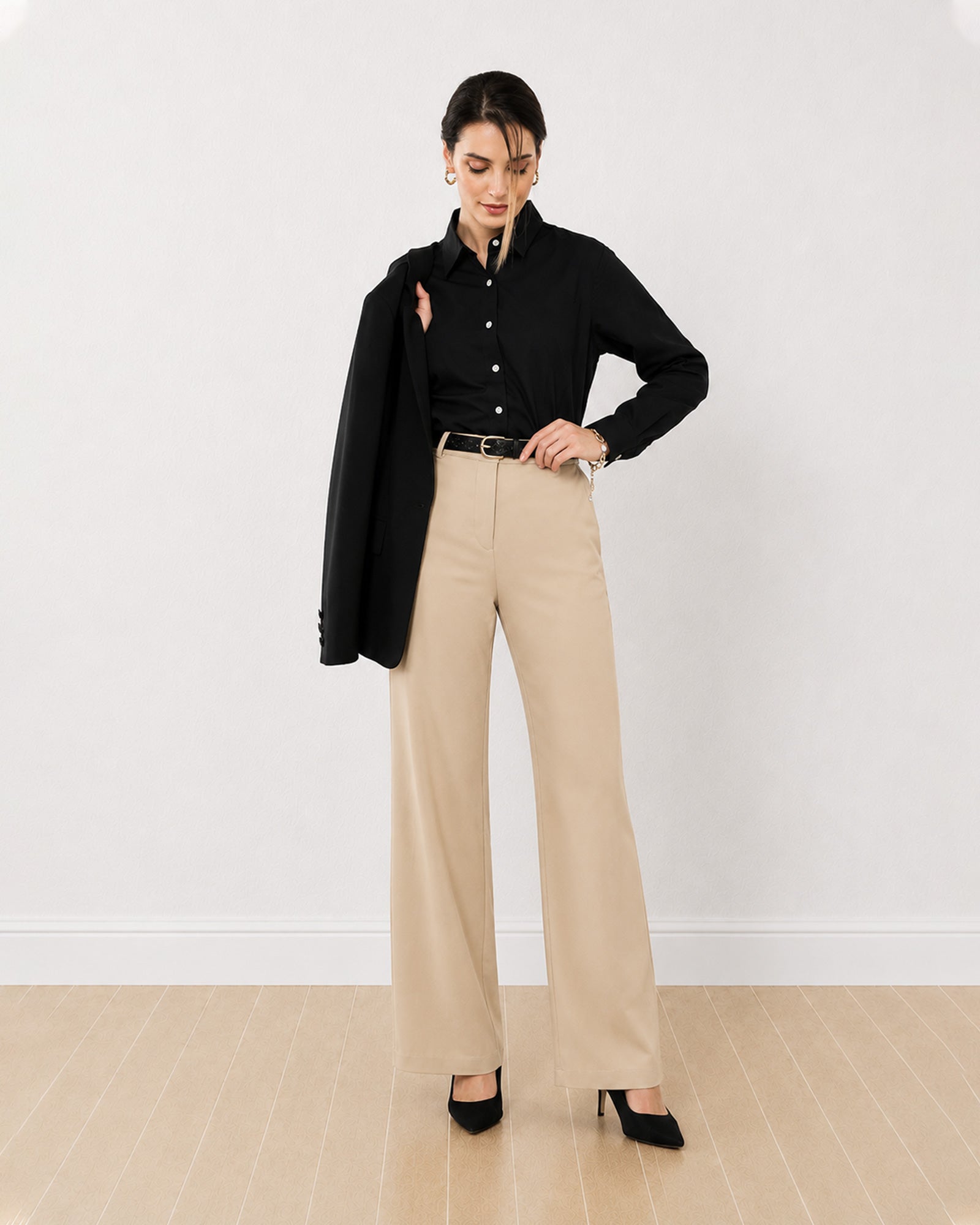Gazillion Anna black stretch cotton poplin formal shirt for women, front view