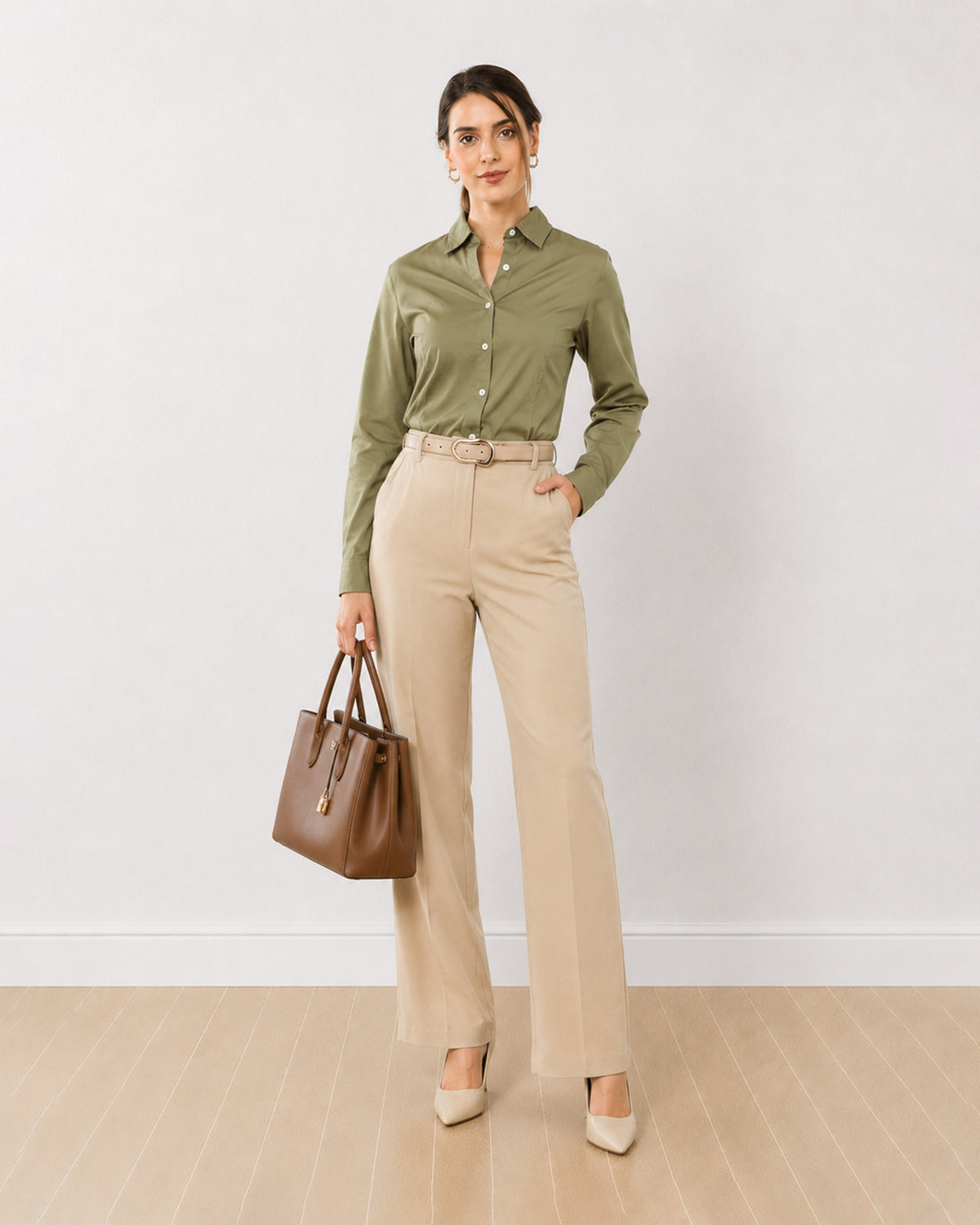 Anna khakhi beige stretch cotton poplin shirt, angled front view with the darts