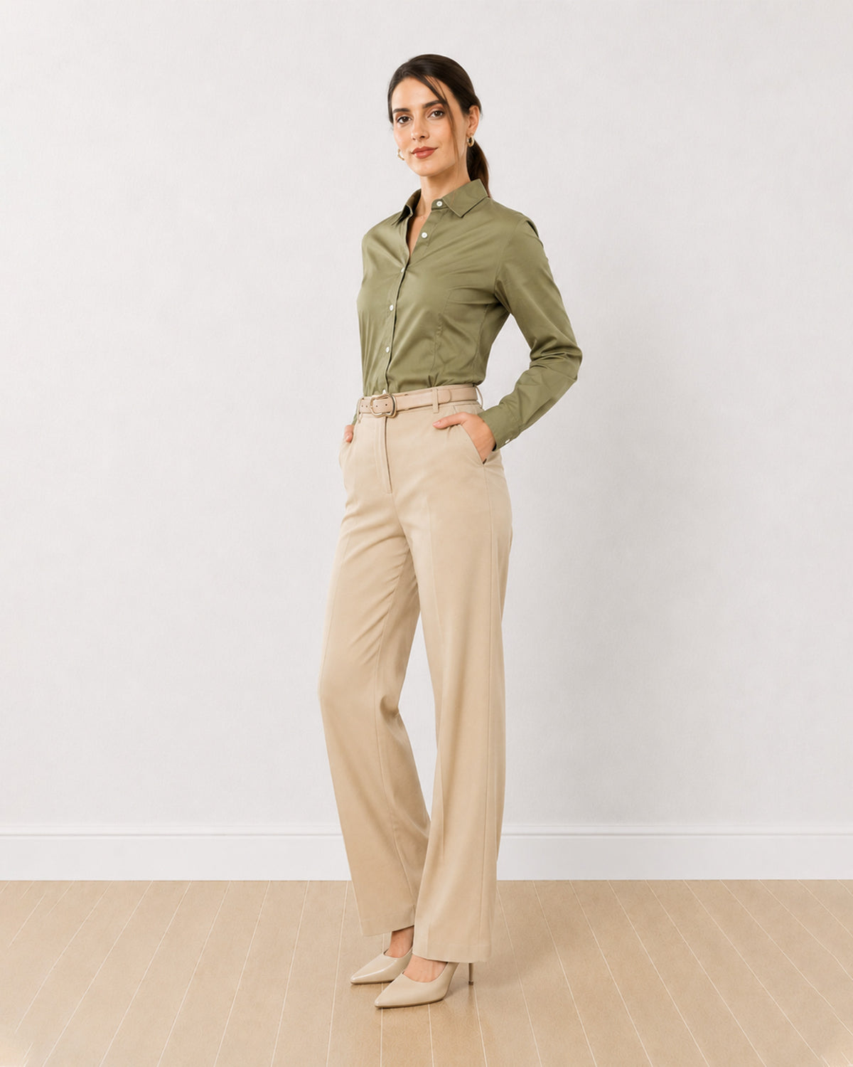Anna khakhi beige cotton poplin formal shirt, angled view with the snug fit