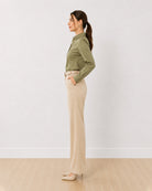 Anna khakhi beige cotton poplin shirt side profile with the curved hem