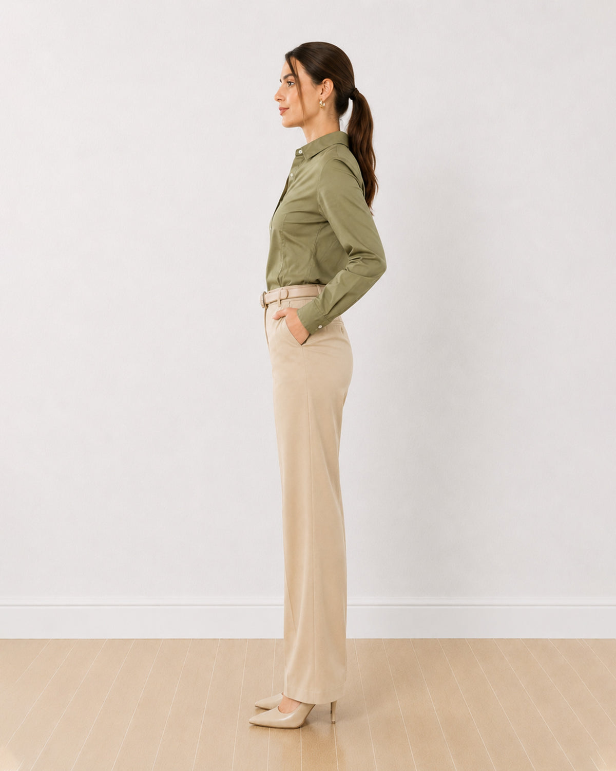 Anna khakhi beige cotton poplin shirt side profile with the curved hem