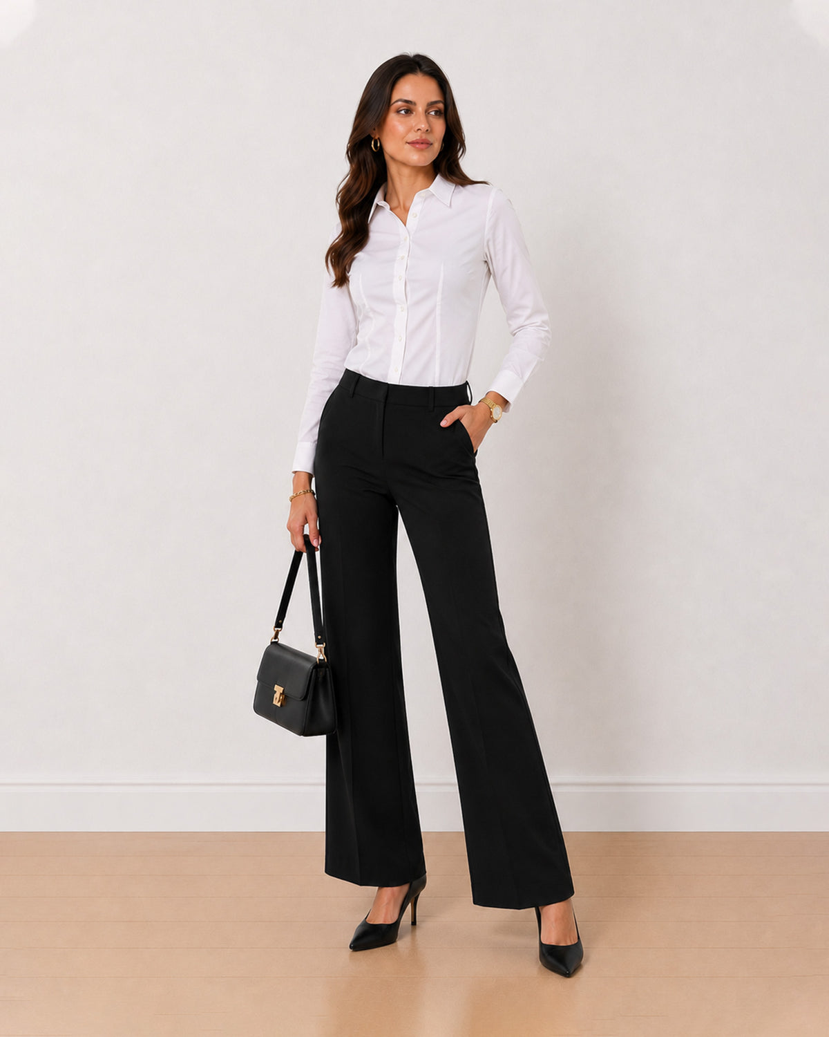 Anna white stretch cotton poplin formal shirt, angled front view with the snug fit