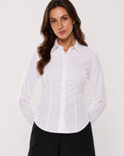 Anna white cotton poplin shirt waist up front, darts and hidden dignity buttons