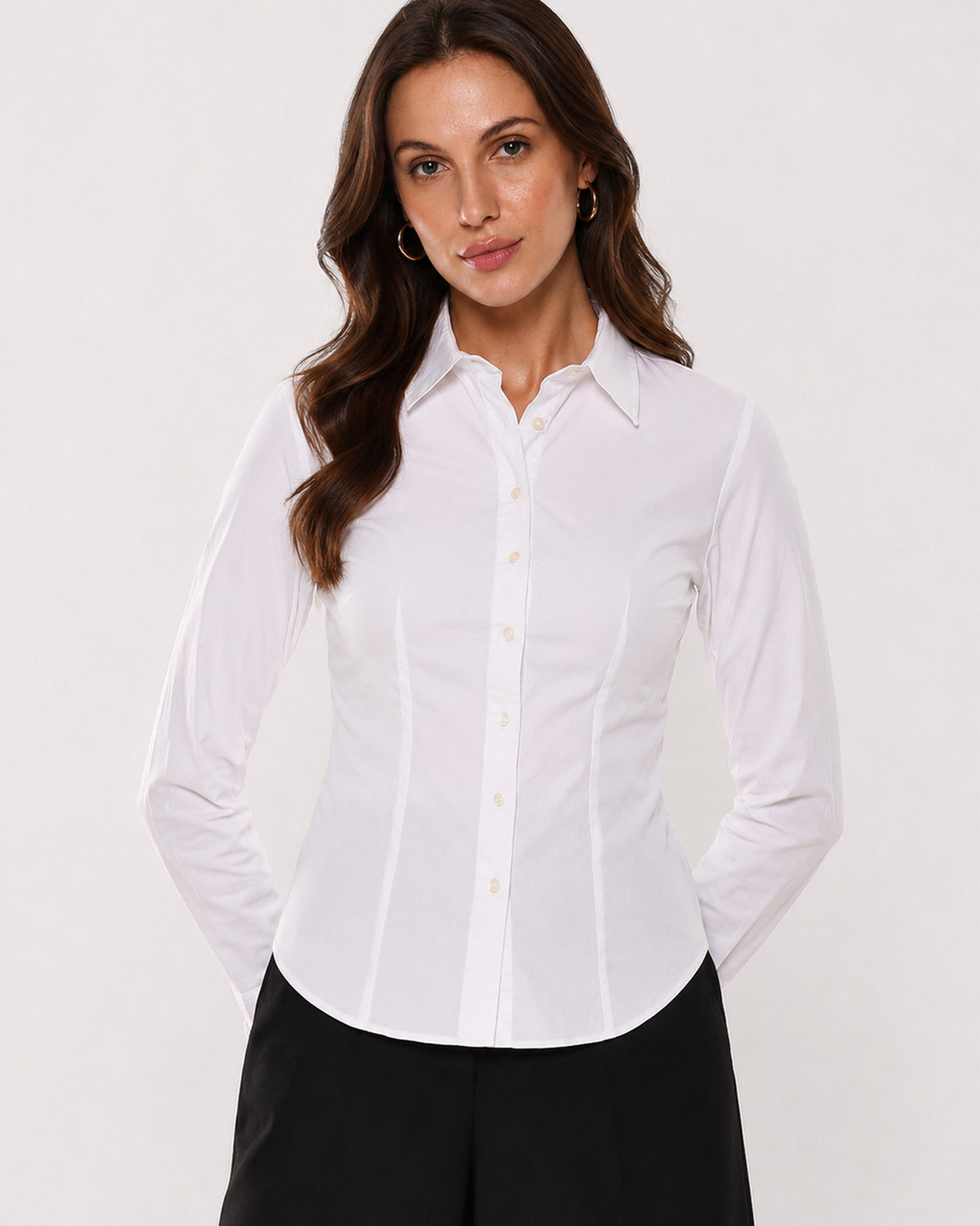 Anna white cotton poplin shirt waist up front, darts and hidden dignity buttons