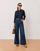 Arena indigo blue 100% cotton denim utility shirt, angled front view