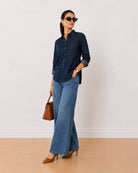 Arena indigo denim utility shirt, angled view with the 2 utility pockets