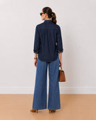 Arena indigo denim shirt back view with the gathers at the yoke