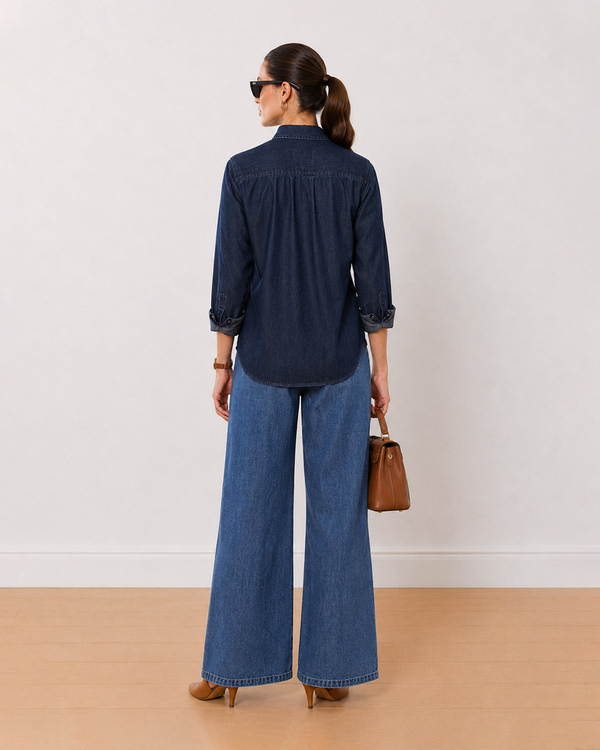 Arena indigo denim shirt back view with the gathers at the yoke