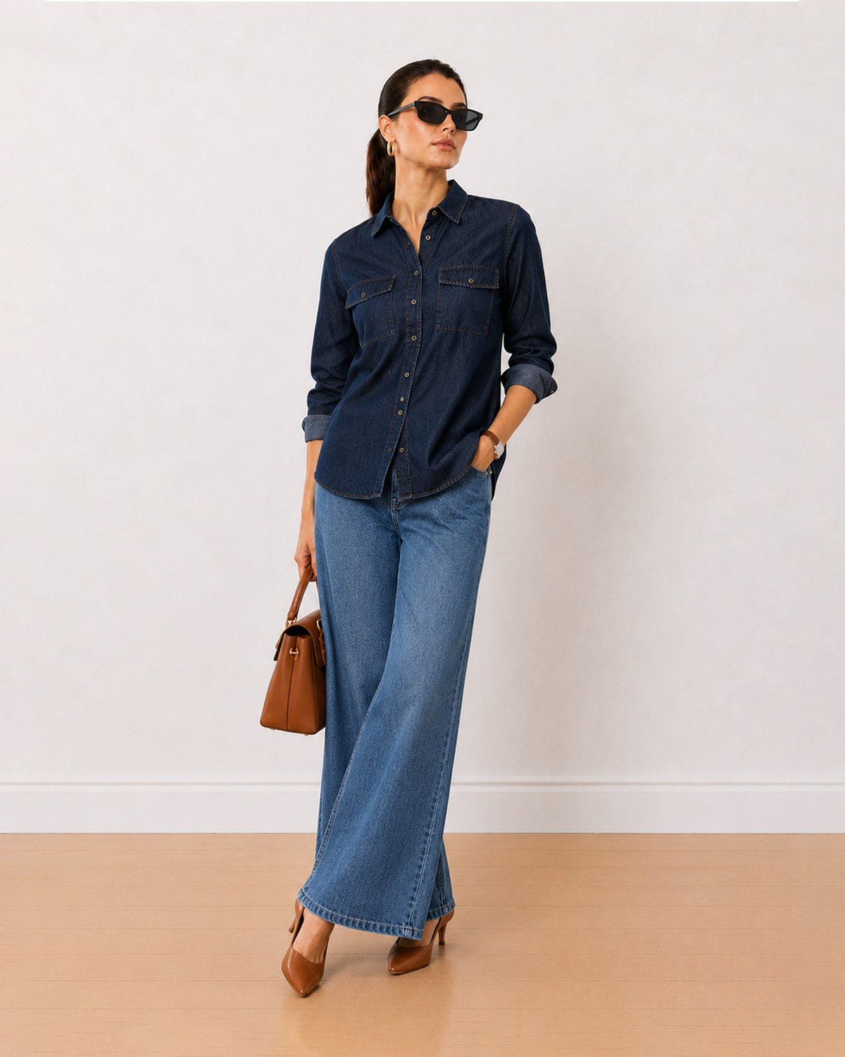 Gazillion Arena indigo blue denim utility shirt for women, full length front view
