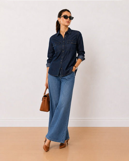 Gazillion Arena indigo blue denim utility shirt for women, full length front view