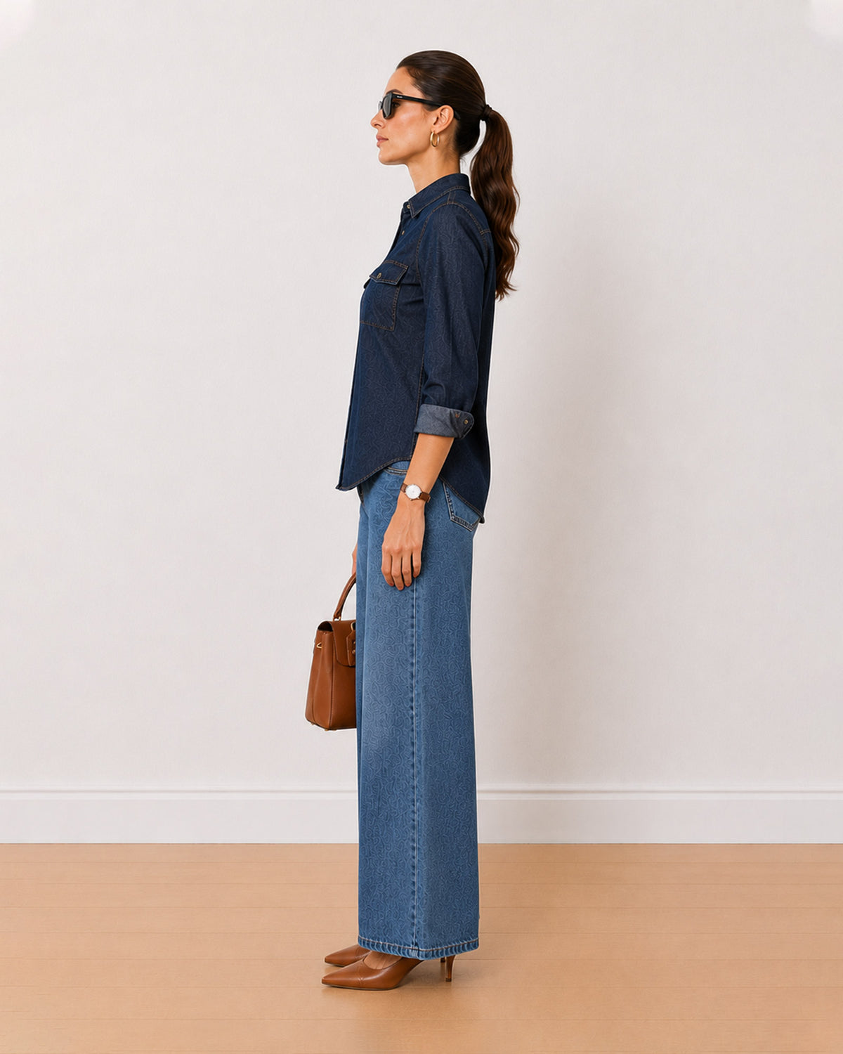 Arena indigo blue denim utility shirt side profile with the curved hem