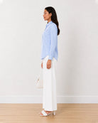 Aria sky blue cotton formal shirt side profile with the curved hem