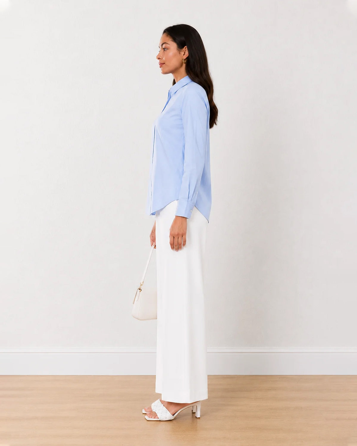 Aria sky blue cotton formal shirt side profile with the curved hem