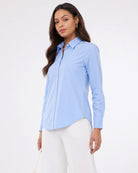 Aria sky blue Oxford cotton formal shirt waist up front with the curved hem