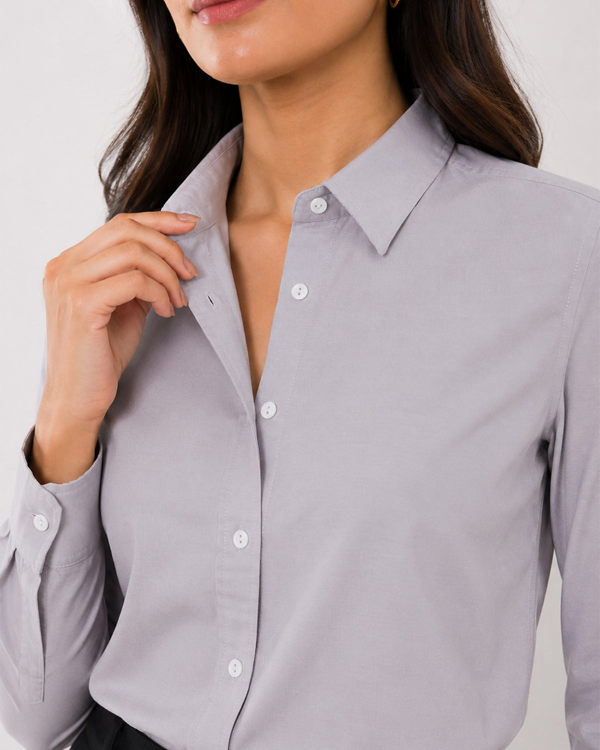 Aria stone grey cotton shirt collar and placket with the hidden dignity buttons